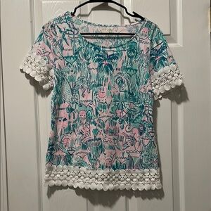 Lilly Pulitzer Pink and Blue Tropical Short Sleeve Top